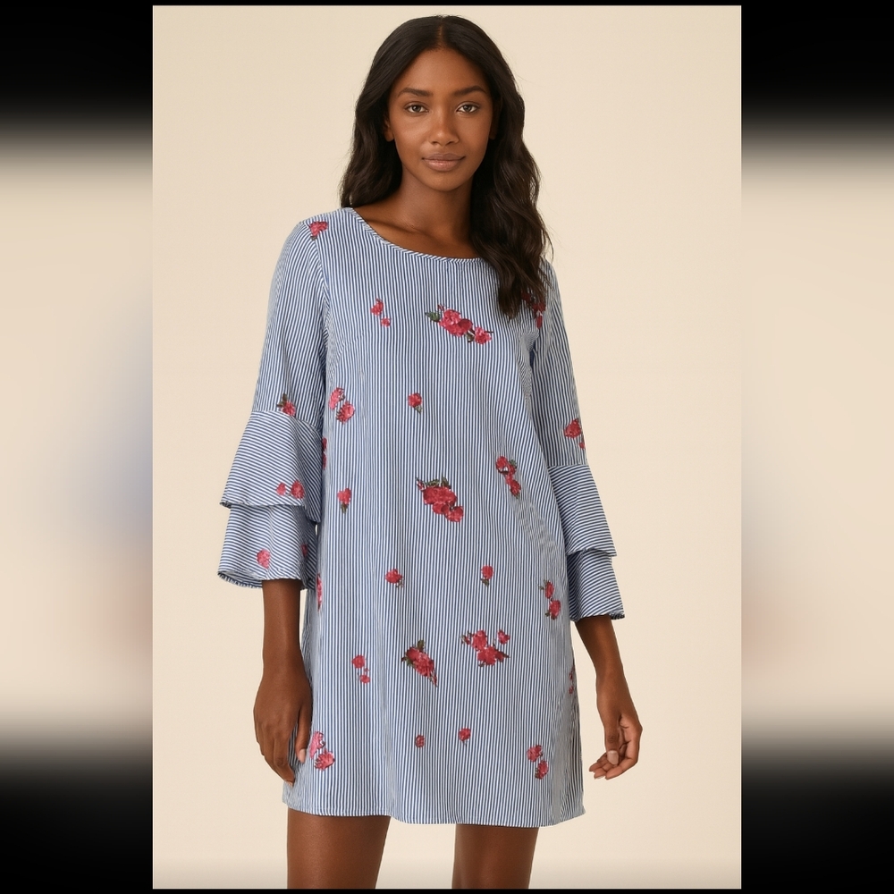 Tacera Blue Striped Ruffle Sleeve Dress with Floral Embroidery – Size L